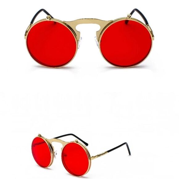 Round Red Lens Flip Up Clear Metal Frame Sunnies Sunglasses NEW - Picture 1 of 4